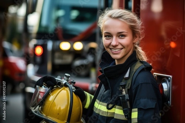 Obraz Smiling female firefighter standing beside fire engine