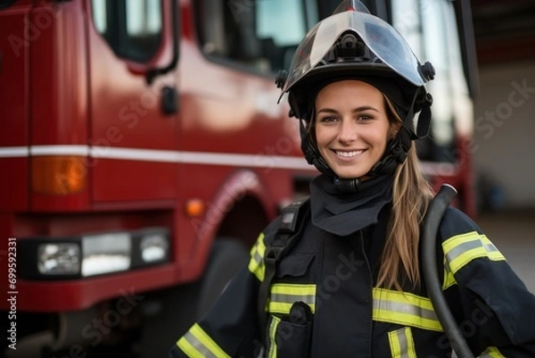 Fototapeta Smiling female firefighter standing beside fire engine
