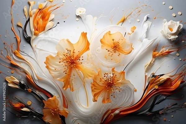 Fototapeta Abstract background with orange, black and white paint splashes and flowers