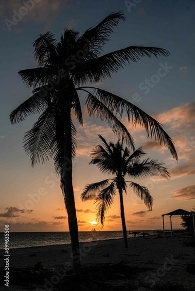 Obraz The sun sets over the ocean silhouetting a sailboat on the horizon
