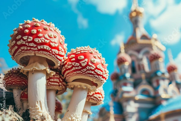 Fototapeta Large brightly colored red fly agaric mushrooms (Amanita muscaria) on the background of the Orthodox church building. Concept of psychedelics and religion