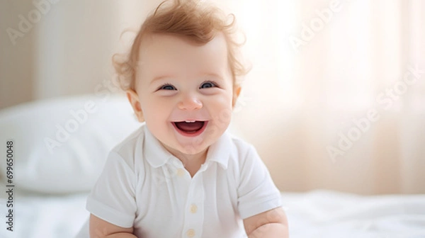 Obraz happy smiling baby home bed sitting looking daylight ai visual concept