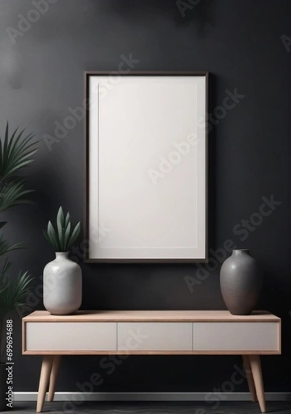 Fototapeta A White Frame On A Wooden Table With A Plant In A Vase