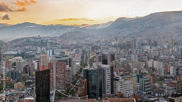 Fototapeta Panoramic view of the south-east part of Quito downtown at sunset