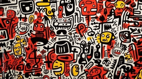 Fototapeta  a vibrant and colorful painting by Keith Haring, featuring a variety of cartoon images in bright red, yellow, and black The painting is full of life and energy, wi
