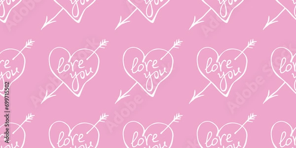 Fototapeta Vector seamless pattern of white doodle hearts with an arrow and lettering love on pink background. Hand drawn texture for wrapping paper, greeting card, Valentine's day, wedding, declaration of love