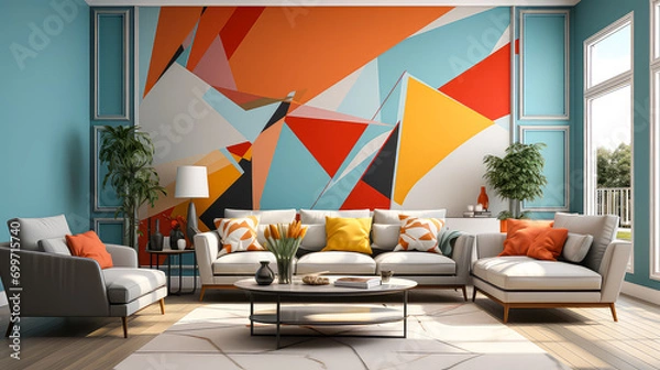 Fototapeta 3D rendering Living Room Concept: A Stylish and Inviting Space for Modern Living Room with colorful and abstract mural wall, Contemporary Design Elements, and interior design idea for decorate