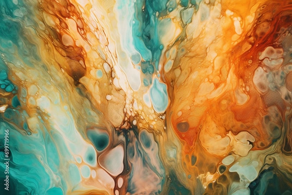Fototapeta abstract background with blue, orange and yellow paint mixing in water