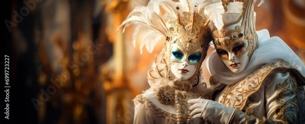 Obraz  venice carnival couple at Masquerade ball at Venice with ornate masks and luxury costumes, horizontal banner, copy space for text
