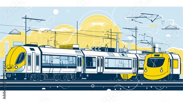 Fototapeta electric trains with a vector art piece showcasing trains arriving and departing from electrified stations. 