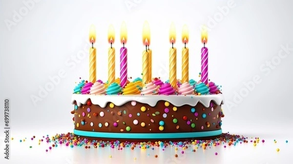 Obraz A joyous and colorful birthday cake adorned with bright candles, contrasting against a clean white backdrop, symbolizing celebration, happiness, joy, and festive spirit. Generated by AI.