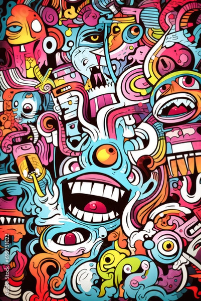 Fototapeta Colorful doodle cartoon monster art background. Funny characters.