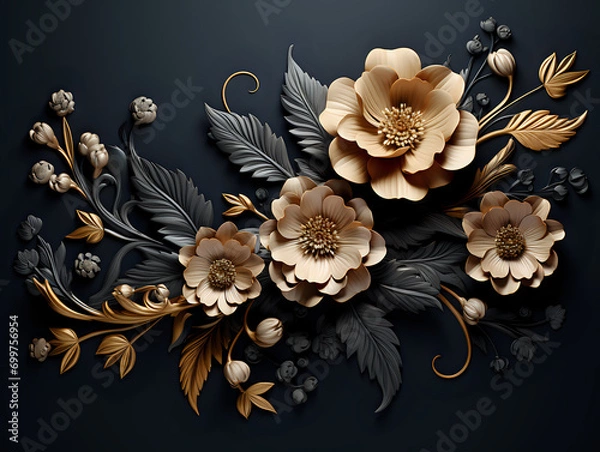 Fototapeta golden and black floral background with flowers