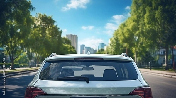 Fototapeta Closeup rear glass window of a car parked on street on summer sunny day, rearview. Mockup empty copy space for stickers or decals