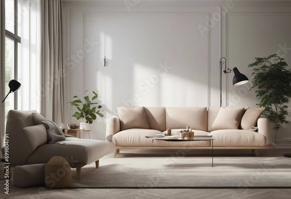 Fototapeta Minimalist modern living room interior background Scandinavian style 3D render Beige furniture and big plants