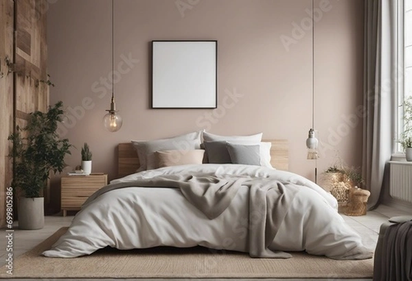 Fototapeta Scandinavian farmhouse bedroom interior with blank square artwork template mock up on the wall above unmade bad