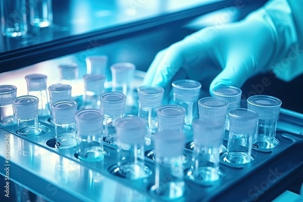 Fototapeta Hand wearing sanitary gloves meticulously checking medical vials. Medical concept. Generative AI