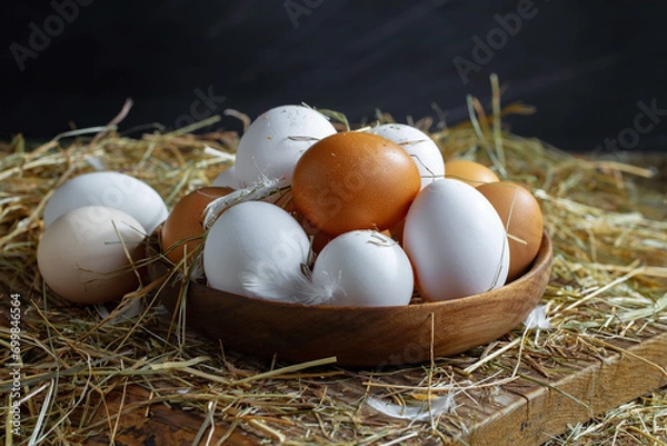 Fototapeta Chicken eggs, in a nest of feathered blades of grass, on an old background.