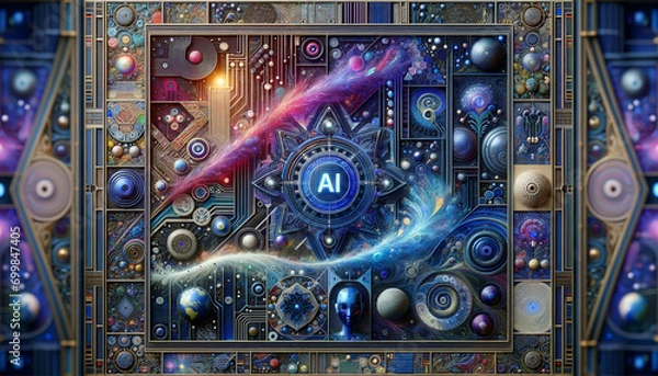 Fototapeta Vibrant AI fusion: Maximalist artwork showcasing the harmony of technology and creativity.