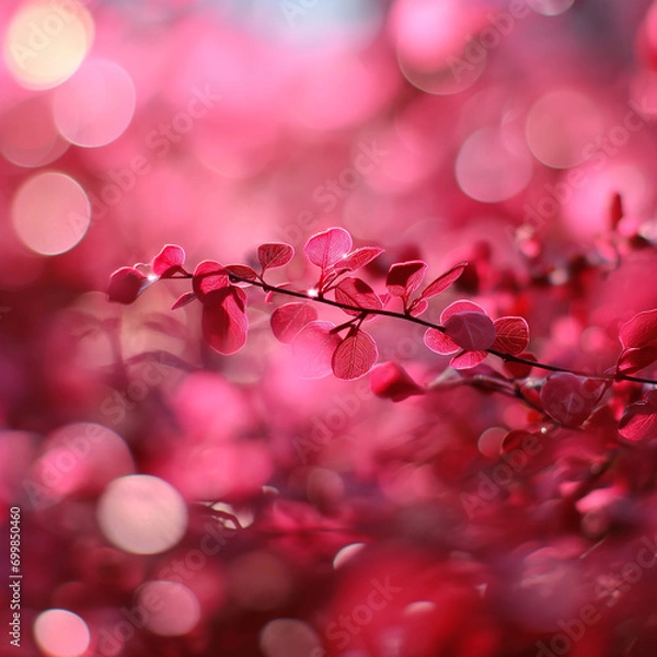 Fototapeta Pink leaves, illuminated by light creating a mesmerizing bokeh effect in the background.  AI generatived