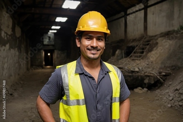 Fototapeta portrait of a Hispanic construction worker handyman in South America building for infrastructure for mining and house working hard physical job