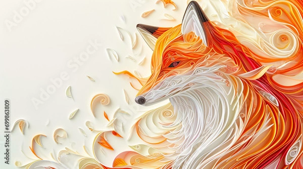 Obraz A paper quilled fox, with rich oranges and whites, skillfully positioned in the lower left corner, leaving a vast space above and to the right for copy.