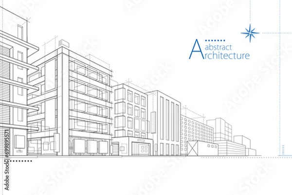 Fototapeta Ilustracja 3D, abstrakcyjny nowoczesny rysunek linii krajobrazu miejskiego, wyobraźnia architektura budowlana konstrukcja Perspektywa.