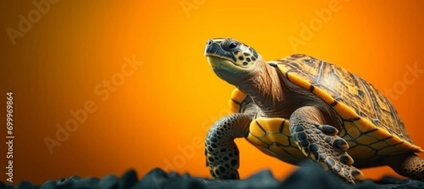 Obraz Ultra-realistic 3D illustration featuring a close-up of a giant tortoise on a rocky surface.