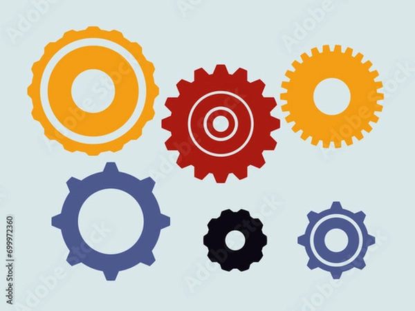 Obraz Collection of mechanical gears. Small and large gears. Color sprocket icon design element. White background. Vector illustration. White background. Vector illustration. Vector illustration