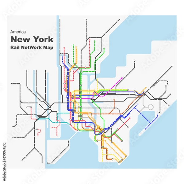 Fototapeta Layered editable vector illustration of overview map of urban transportation in New York,America