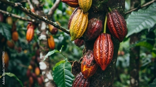 Fototapeta The fruit-bearing cocoa tree. On the trees of the cacao plantation, yellow and green cocoa pods grow