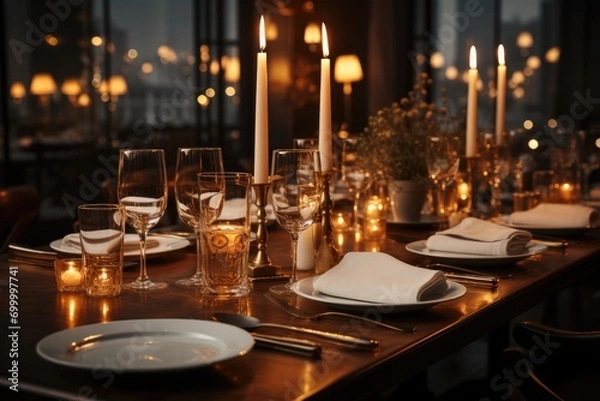 Fototapeta Expensive restaurant table with tall thin dining candles stand on the table. Generative AI.