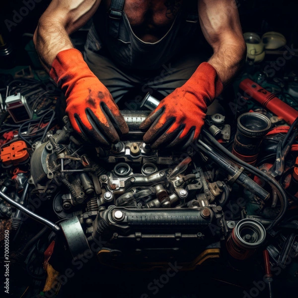 Fototapeta Close-up of car mechanic's gloved hands working on repairing engine, elements of car against background of various details. Maintenance, oil change. Service station. Repair Tires,brake pads, battery