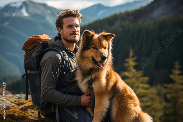 Obraz male hiker and his dog on the mountain  bokeh style background