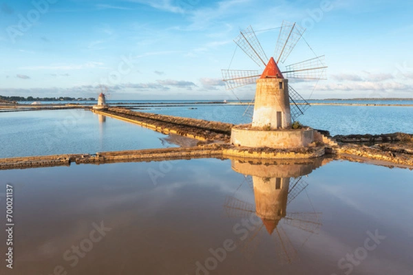 Fototapeta Sunset at Windmills in the salt evoporation pond in Marsala, Sicily island, Italy
Trapani salt flats and old windmill in Sicily.
View in beautifull sunny day.