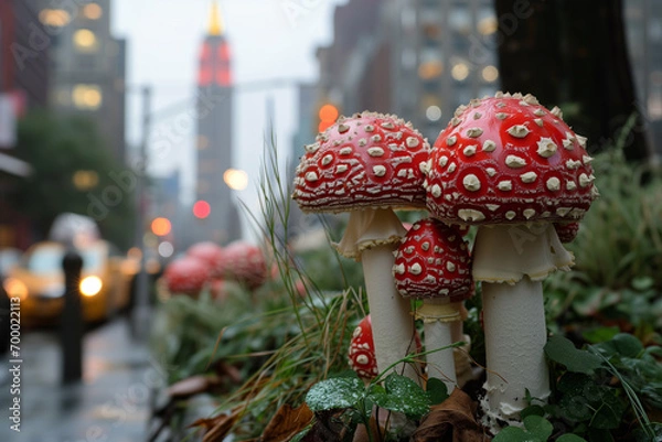 Fototapeta Red fly agaric mushrooms (Amanita muscaria) in New York City, USA on the background of a view of the Empire State Building. Mushrooms in the city