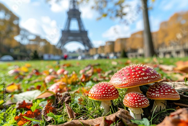 Fototapeta Red fly agaric mushrooms (Amanita muscaria) in Paris, France against the background of the Eiffel Tower. Mushrooms in the city