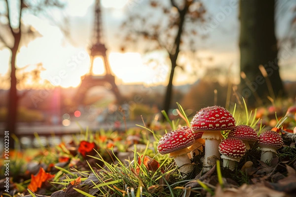 Fototapeta Red fly agaric mushrooms (Amanita muscaria) in Paris, France against the background of the Eiffel Tower. Mushrooms in the city