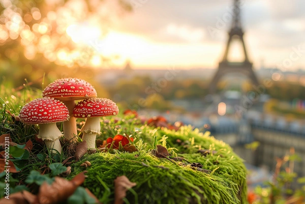 Fototapeta Red fly agaric mushrooms (Amanita muscaria) in Paris, France against the background of the Eiffel Tower. Mushrooms in the city