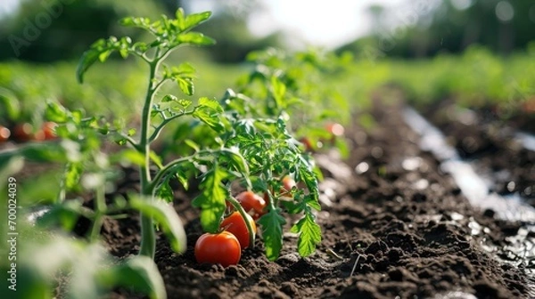 Fototapeta Close-up view of mature tomato seedlings in a field, meticulously planted in neat rows and accompanied by an automatic watering system for efficient cultivation.