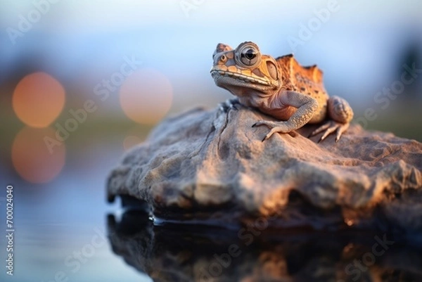 Fototapeta lone lizard on boulder displaying dewlap at dusk