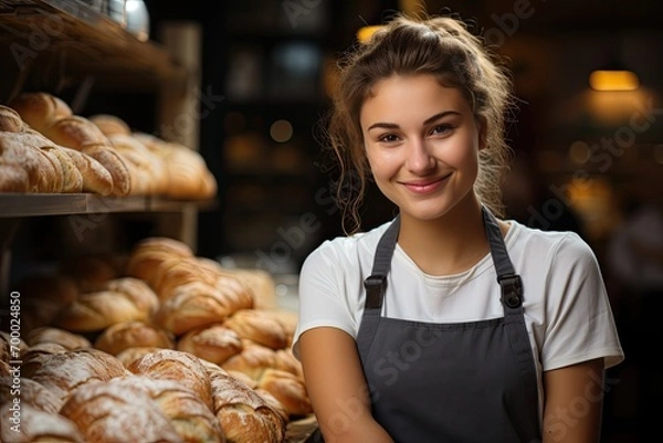 Fototapeta Smiling baker woman standing with fresh bread and pastry at bakery. Young woman in her bake shop and looking at camera. baker with breads in background. Girl owner bakery shop