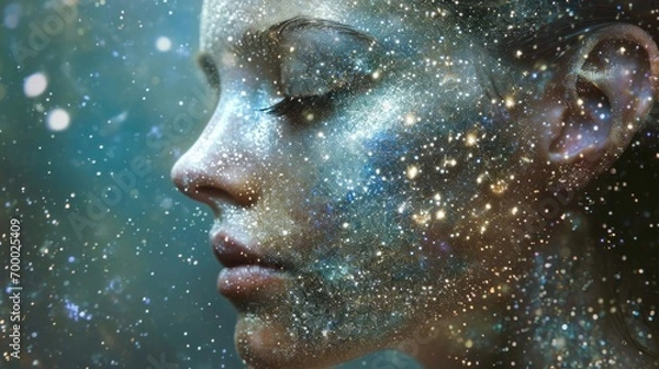 Fototapeta Portrait of a young girl with elements of glowing particles and stars. Sparkling glitters on a face. Magic portrait