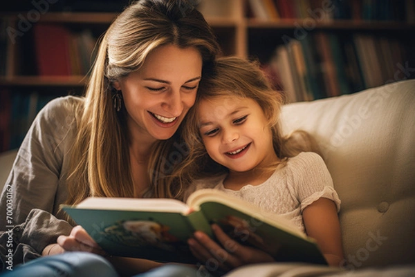 Fototapeta mother and daughter read a book together and smile