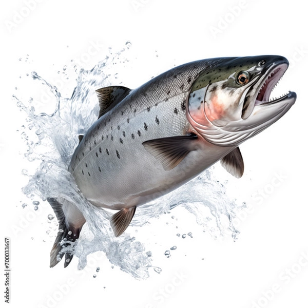 Fototapeta Salmon fish cut out on a transparent background. Red salmon fish emerges from the water. Design element to be inserted into an aquarium design or project