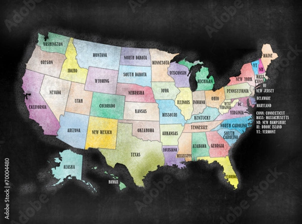 Obraz Blackboard or Chalkboard U.S.A. American States Map