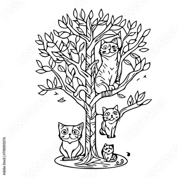 Fototapeta black and white, a cartoon cat climbing a toy tree with various levels and platforms, exploring and having fun, png Ganerative AI 21