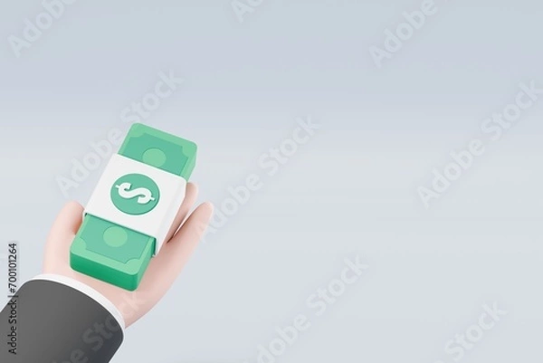Fototapeta 3D cartoon hand holds dollar bills. Concept of financial operation. Payment and Cash back. Money investment and business commerce. minimal cartoon.3D Rendering. Banner, a place for text, copy space.