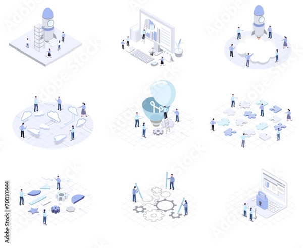 Fototapeta isometric illustration set of business people and cloud network and gear and rocket