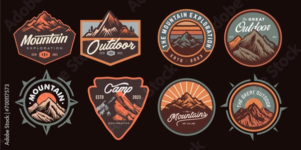 Fototapeta mountain adventure hipster logos. Set of Vintage Outdoor mountains Summer Camp badges or Patches. vector emblem designs. Great for shirts, stamps, stickers logos and labels.